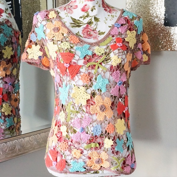 Kenar Tops - Kenar Colorful Crochet Short Sleeve Top